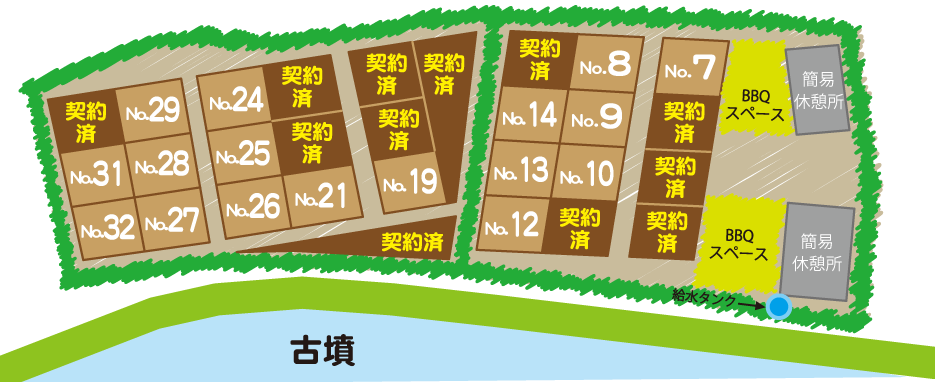 大阪府泉南・岬町の貸し農園・市民農園「Re-Live(リライブ)貸農園」の淡輪駅裏農園についての区画割り見取り図。ここで好きな区画番号を選んでいただきます。